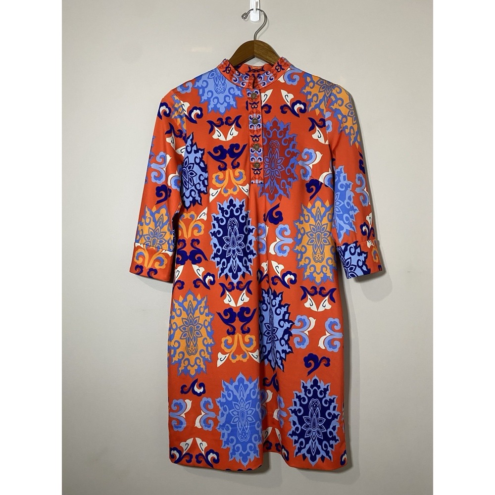 Gretchen‎ Scott Jersey Mandarin Dress Women SMALL 3/4 Sleeve Button Collar Shift